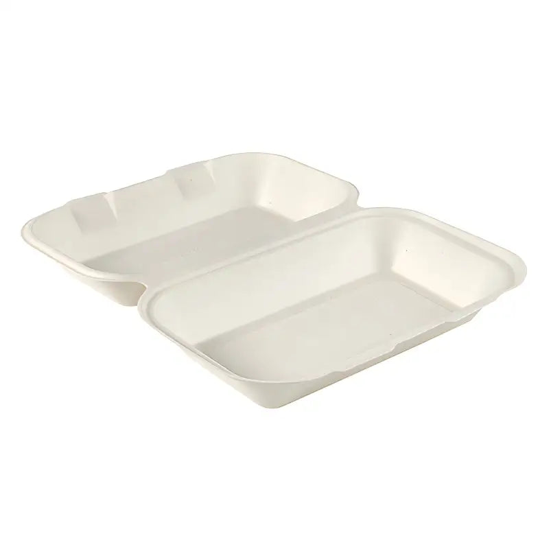 Hinged white biodegradable sugar cane fibre food container for burgers and meals