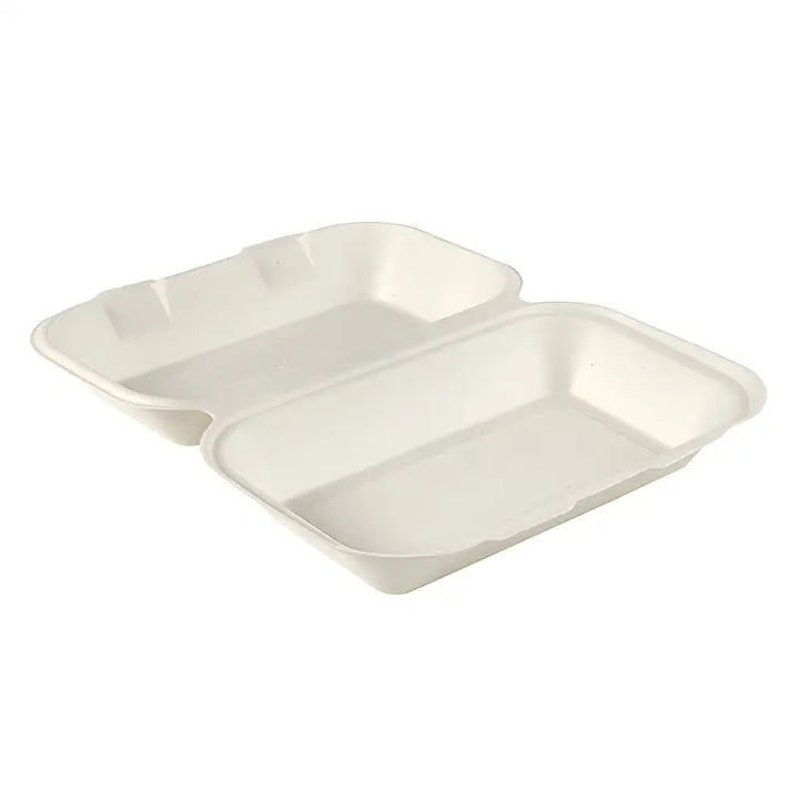 Hinged white biodegradable sugar cane fibre food container for burgers and meals