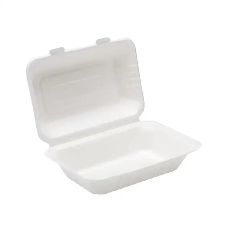 Open white biodegradable sugar cane fibre takeout container for burgers and meals