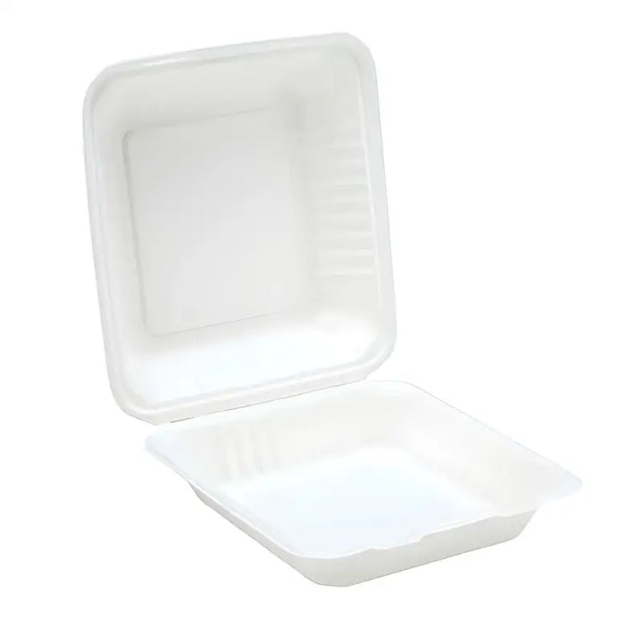 Biodegradable sugar cane fibre takeout container with hinged lid for eco-friendly meals