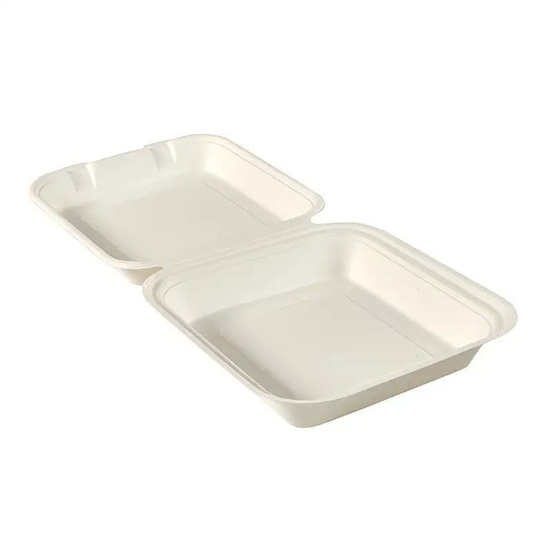 Hinged biodegradable sugar cane fibre takeout container with two compartments