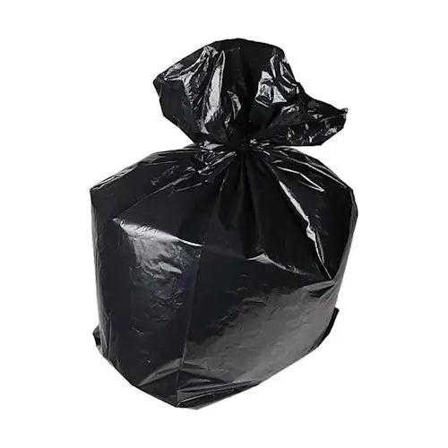 Black plastic garbage bag tied at the top for ZAMBESI 150g black bin liners