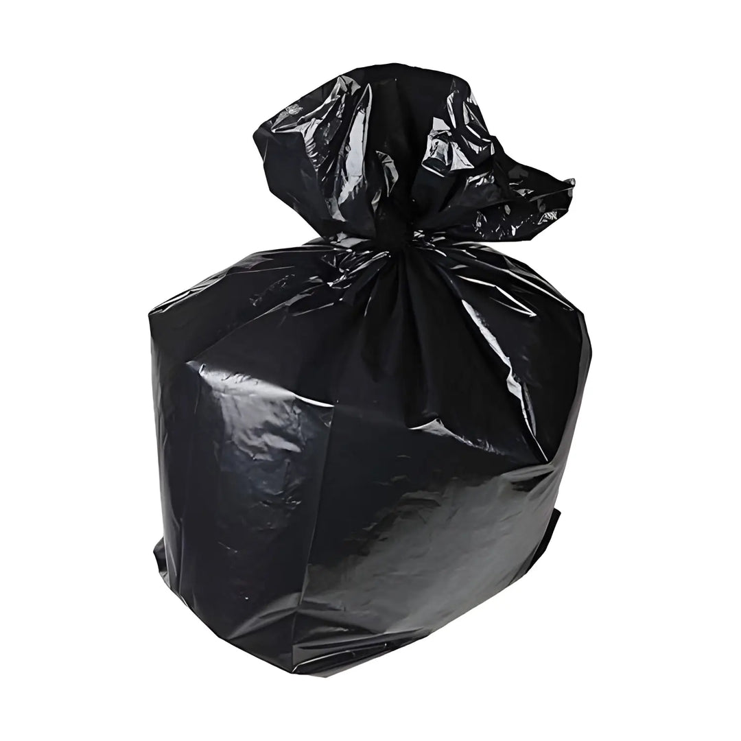 Black Heavy Duty DANUBE Sacks tied at the top, perfect heavy duty bin liners