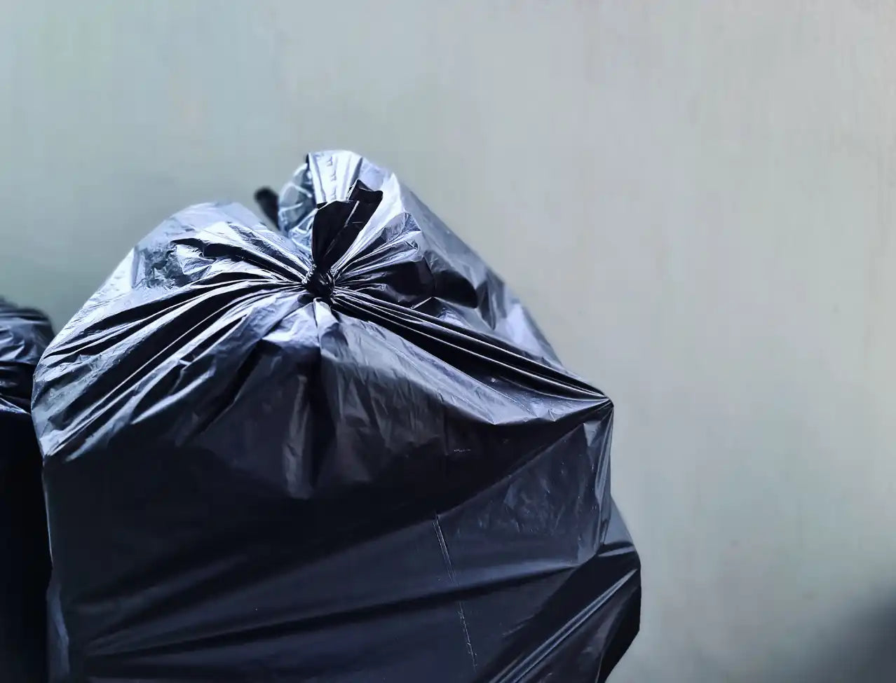 Black plastic garbage bag tied at the top.