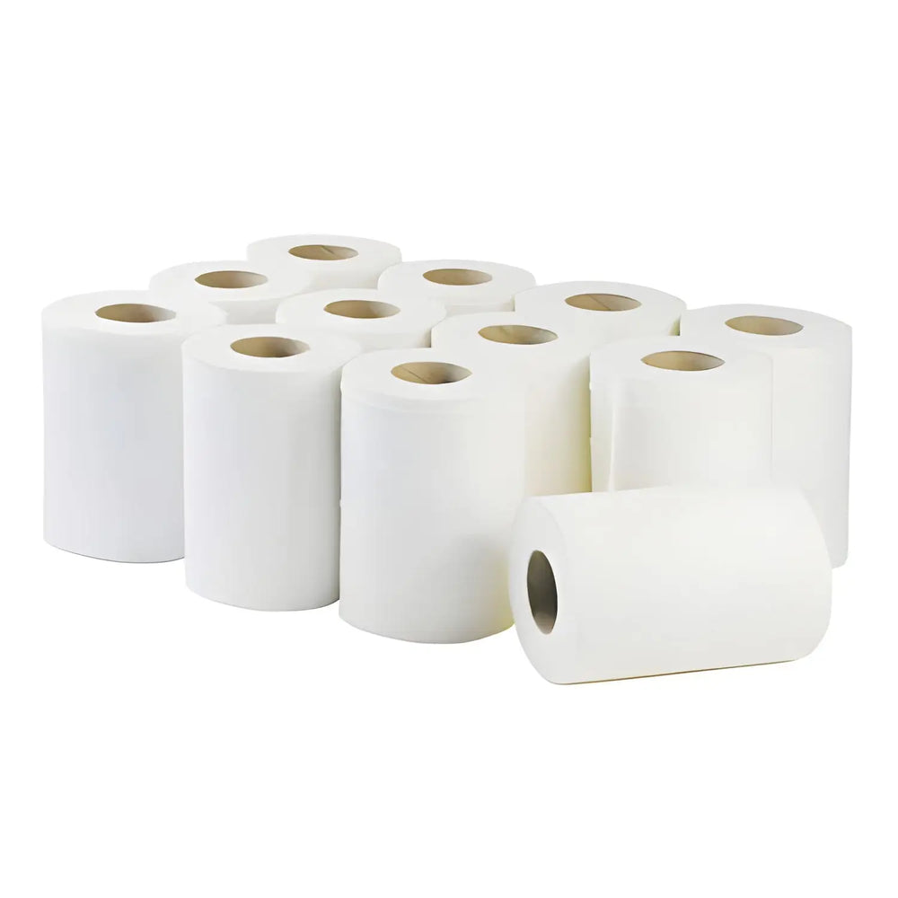 Rolls of white toilet paper for Blue Hygiene Centre Feed Tissue Rolls display