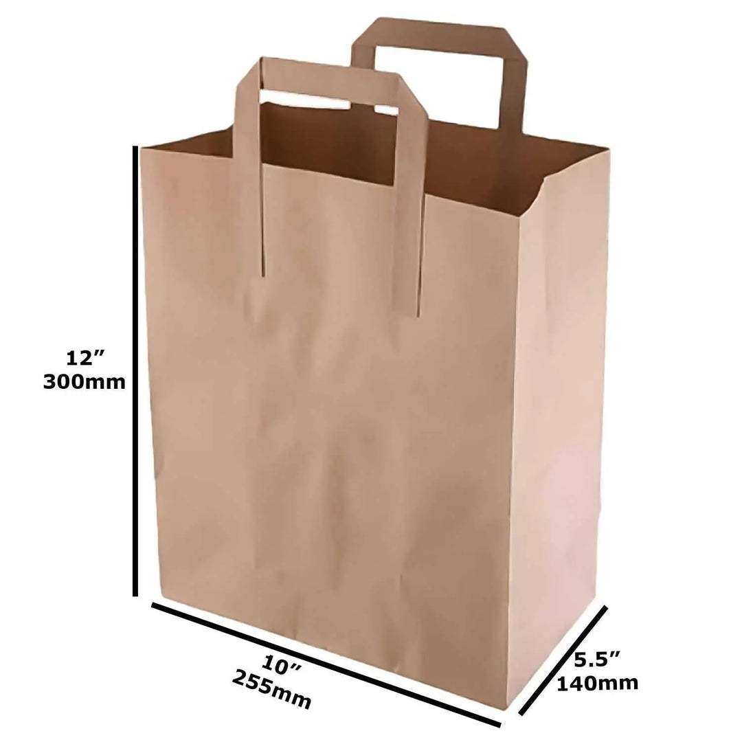 Brown Paper SOS Tape Handle Carrier Bag with labeled dimensions and handles shown
