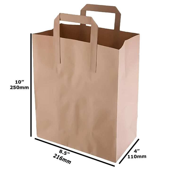Brown Paper SOS Tape Handle Carrier Bags with labeled dimensions and handles