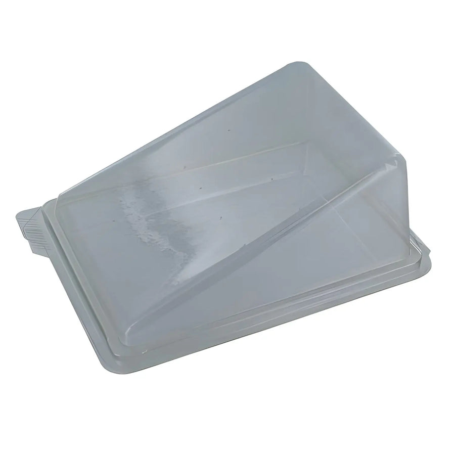 Gray plastic cake slice wedge cover for clear cake presentation and easy serving