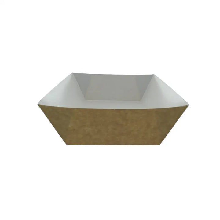 Trapezoidal kraft food meal tray with white interior and tan exterior for takeout