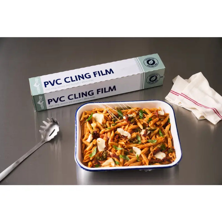 Rectangular baking dish with pasta covered by catering cling film from Cutterbox Dispenser