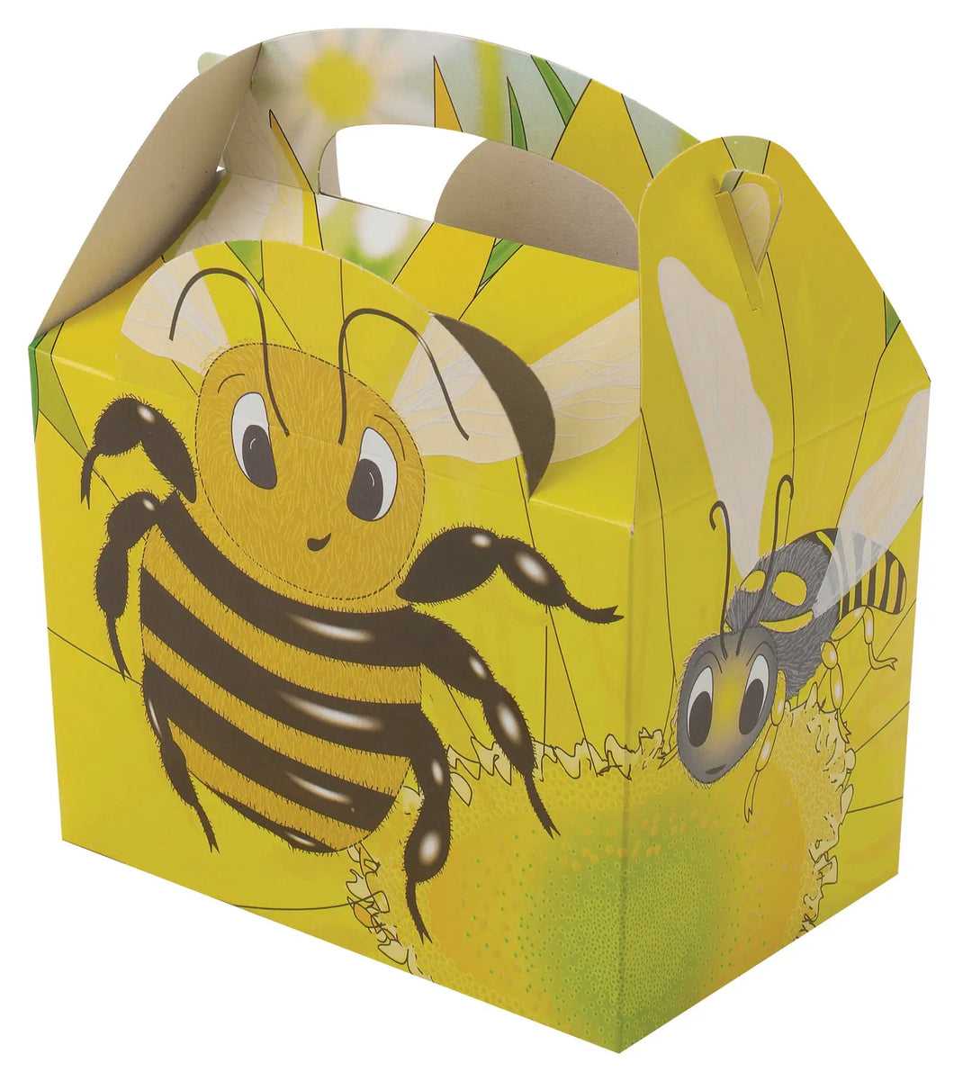 Yellow paper meal party box with cartoon bee design and handle from bugs n slugs for children’s meals