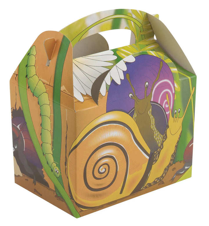 Colorful cardboard children’s meal party box featuring a cartoon snail with yellow shell and bugs n slugs theme