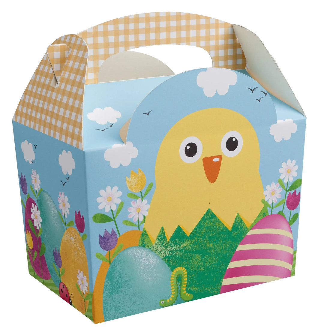 Children’s meal party box uk with colorful easter design featuring a cheerful yellow chick on cfbb board material