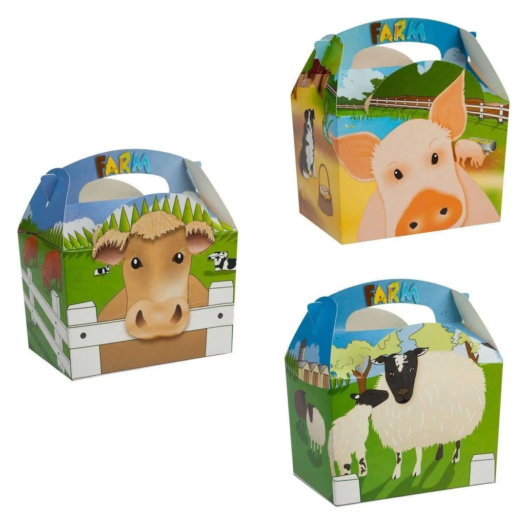 Colorful cardboard farm yard gift boxes featuring cow, sheep, and pig designs