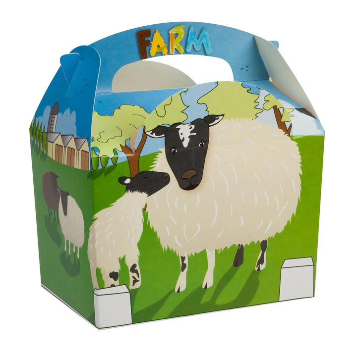 Children’s meal party box uk farm yard design with colorful cfbb board featuring black and white sheep and rainbow letters