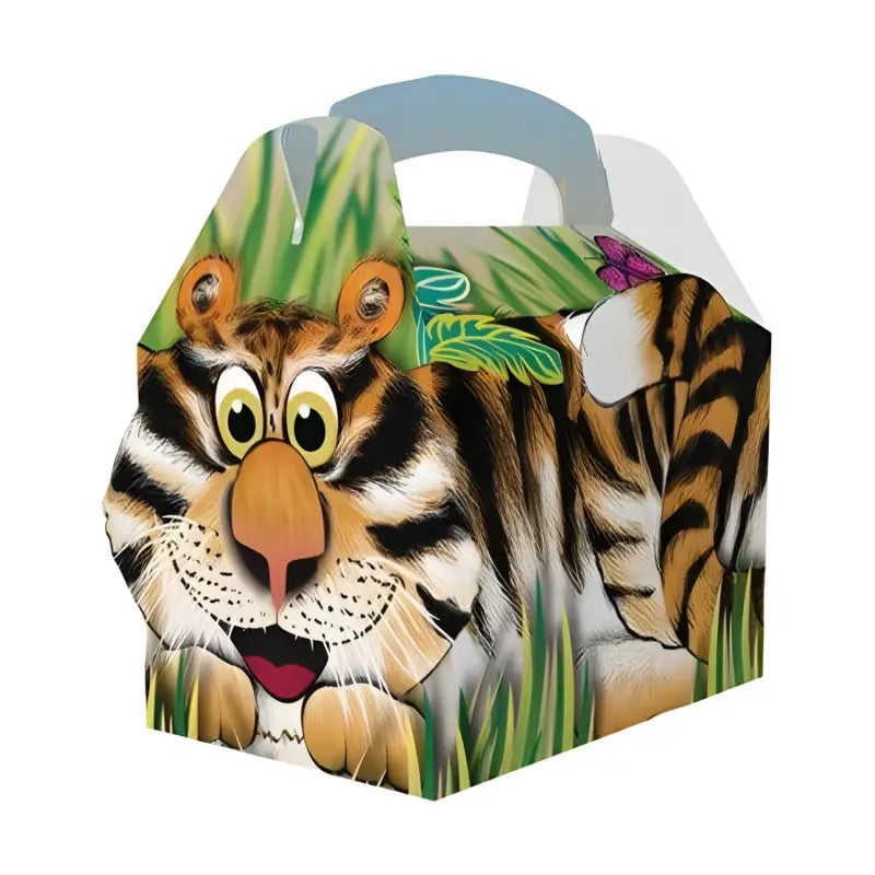 Colorful meal party box featuring a cartoon tiger face and jungle design for children