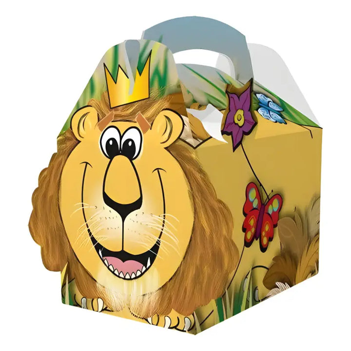 Cartoon lion-themed cardboard gift box with handle in a vibrant jungle design for parties