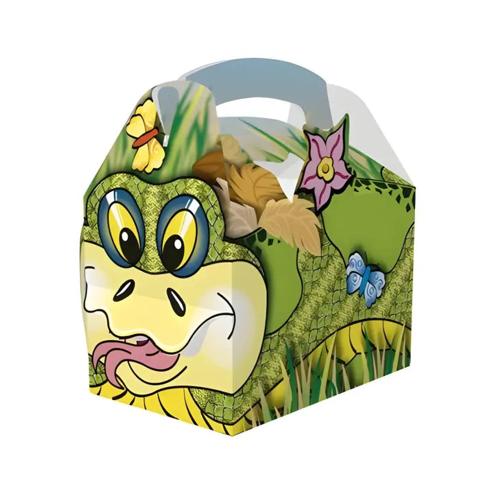 Colorful CFBB board meal party box with cartoon dinosaur and jungle design elements
