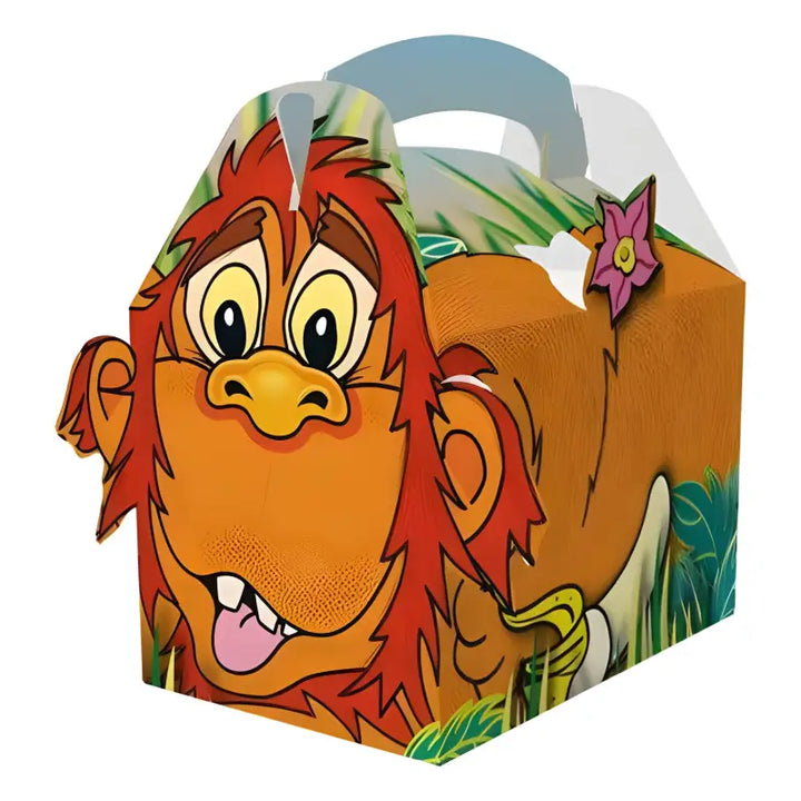 Colorful monkey-themed meal party box with handle in jungle design for kids