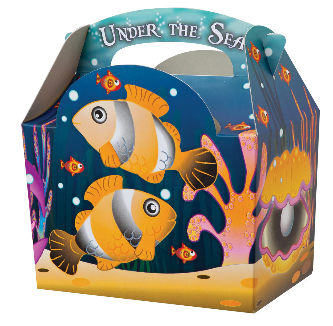 Colorful paperboard children’s sea meal box with cartoon clownfish coral and open clamshell under the sea design