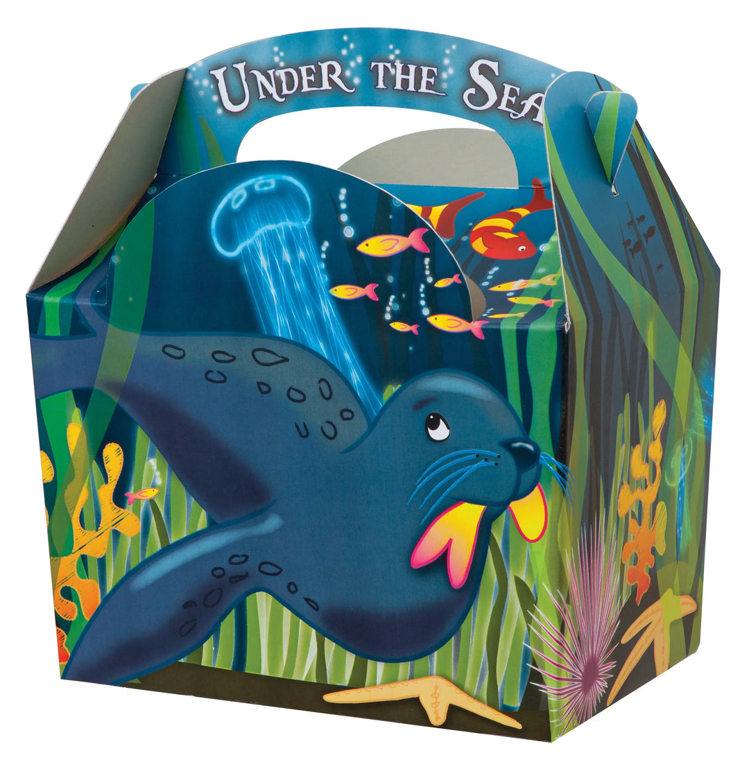 Blue cardboard children’s sea meal box featuring a cartoon seal swimming with colorful fish coral and jellyfish underwater