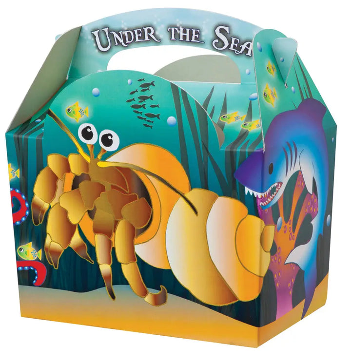 Colorful cardboard children’s sea meal box featuring a cartoon hermit crab with sea creatures under the sea theme