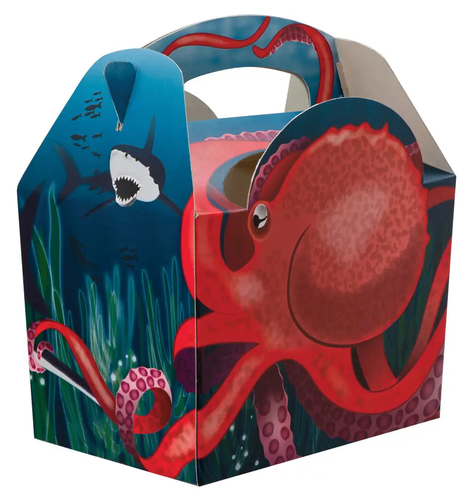 A vibrant red octopus with detailed tentacles decorates a colorful ocean-themed children’s paperboard sea meal box