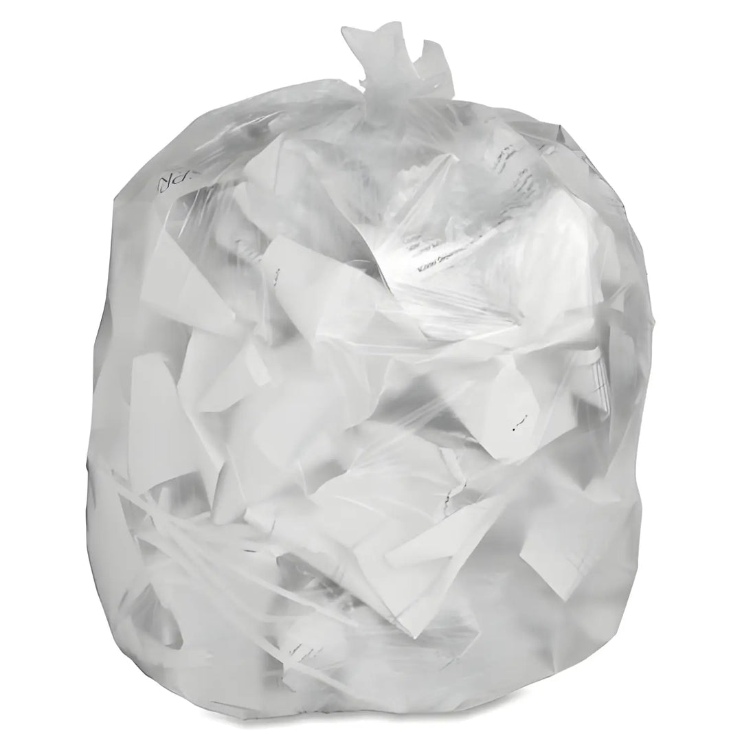 Clear refuse sacks filled with crumpled white paper in Clear Bin Liners packaging