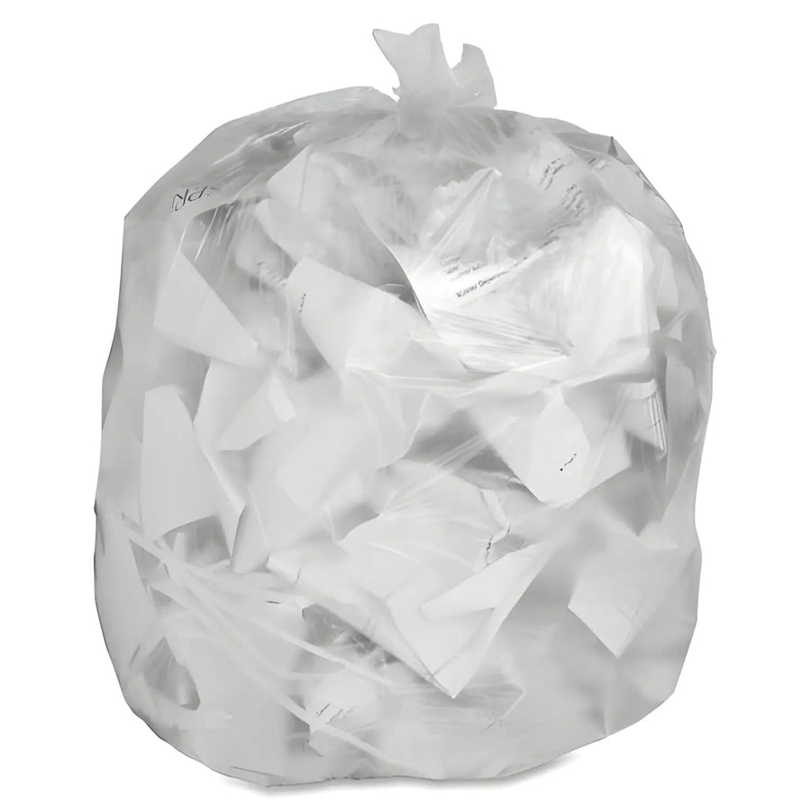 Clear refuse sacks filled with crumpled white paper in Clear Bin Liners packaging