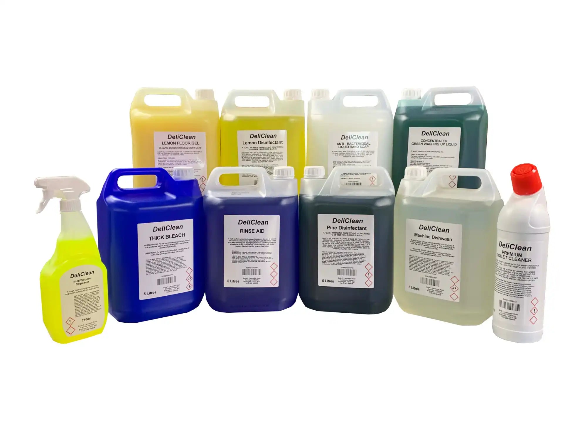 Collection of cleaning products in various colored plastic containers and spray bottles.
