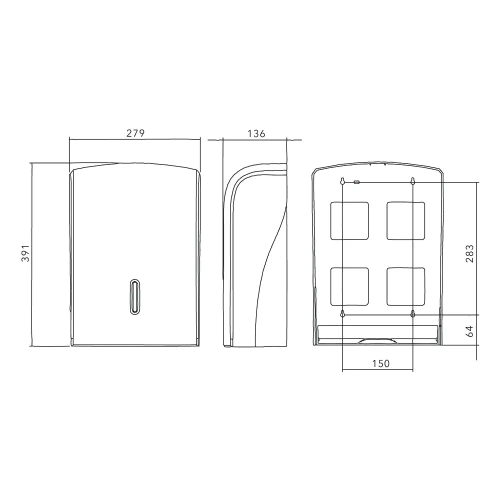 White plastic wall-mounted deli supplies halo large hand towel dispenser with four compartments and central pull tab