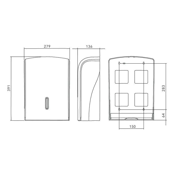 White plastic wall-mounted deli supplies halo large hand towel dispenser with four compartments and central pull tab