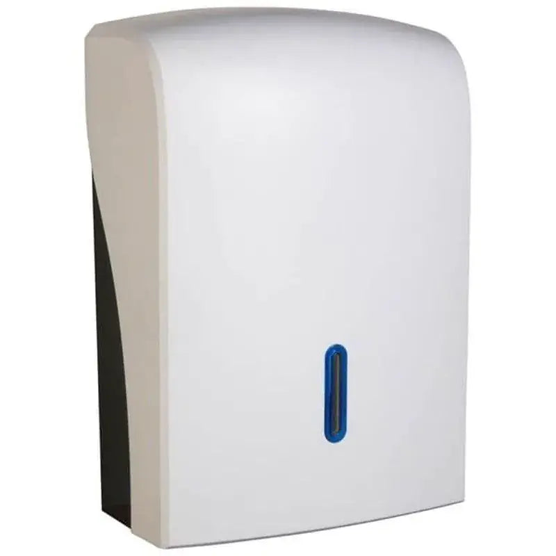 White wall-mounted deli supplies halo large hand towel dispenser with sleek curved design and blue dispensing slot