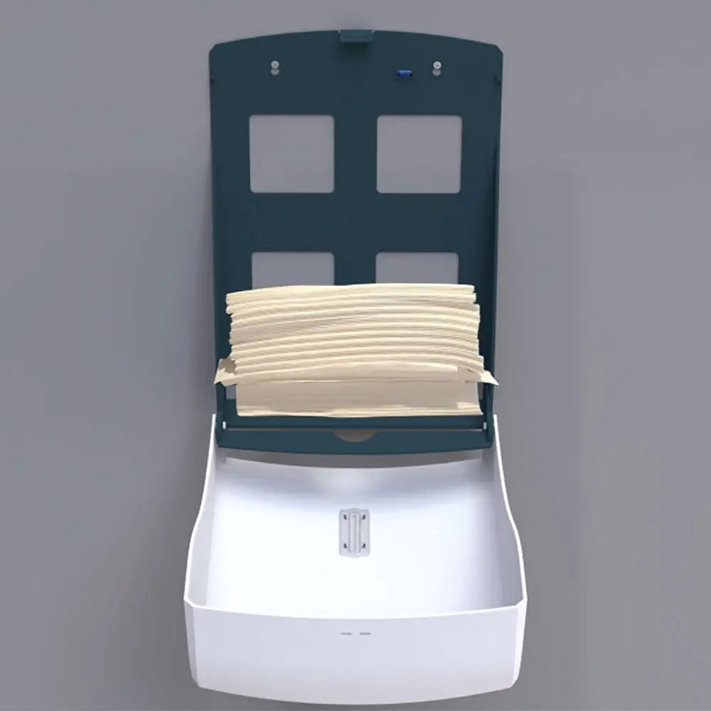 Dark green and white wall-mounted deli supplies halo large paper towel dispenser with beige folded towels inside