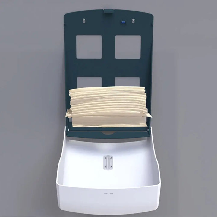 Dark green and white wall-mounted deli supplies halo large paper towel dispenser with beige folded towels inside