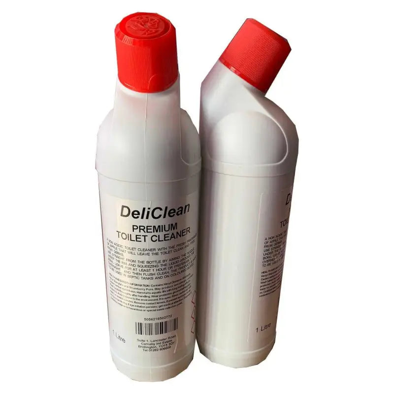 Two bottles of DeliClean Premium Toilet Cleaner with red caps for effective cleaning
