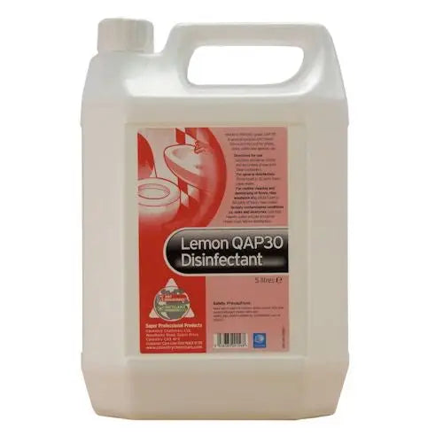 White plastic container of Lemon QAP30 Disinfectant, a QAC based general purpose cleaner