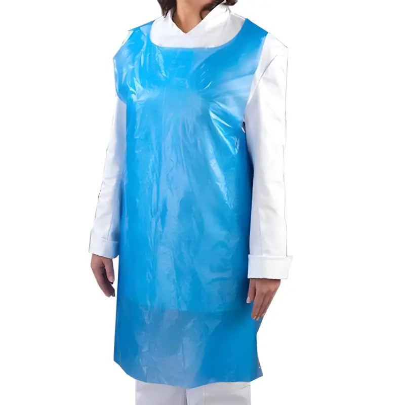 Blue plastic disposable apron over white clothing from Flat Dispenser Pack