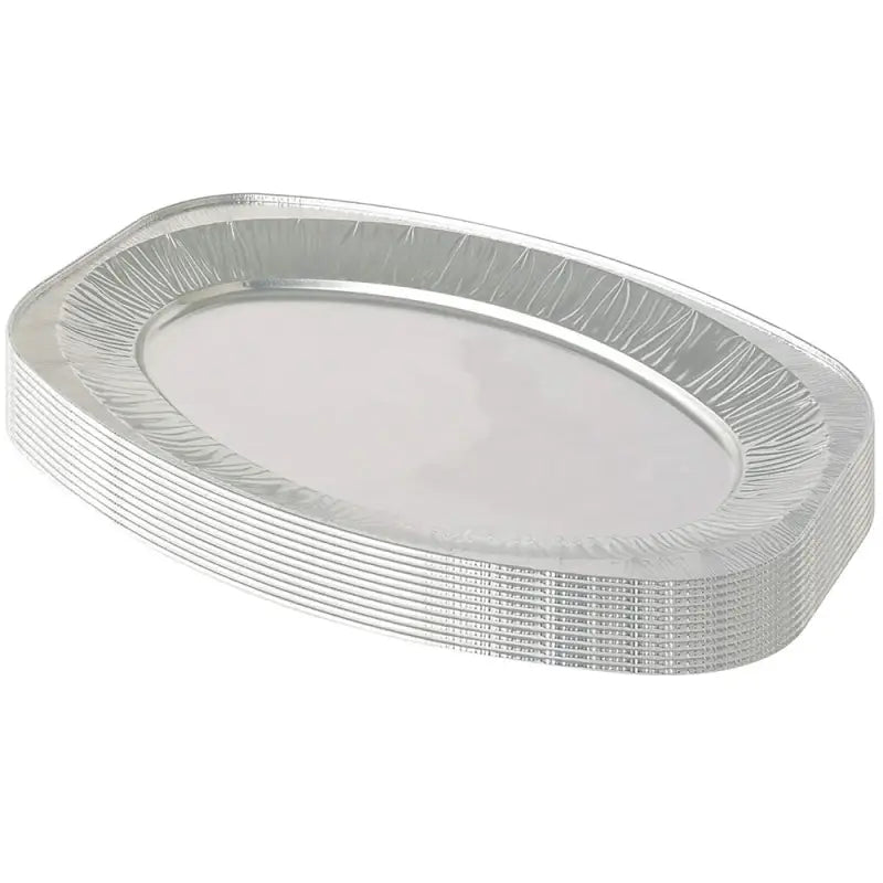 Stack of disposable foil oval aluminum trays 42.5cm 17 inches pack of 10 or 100 catering trays