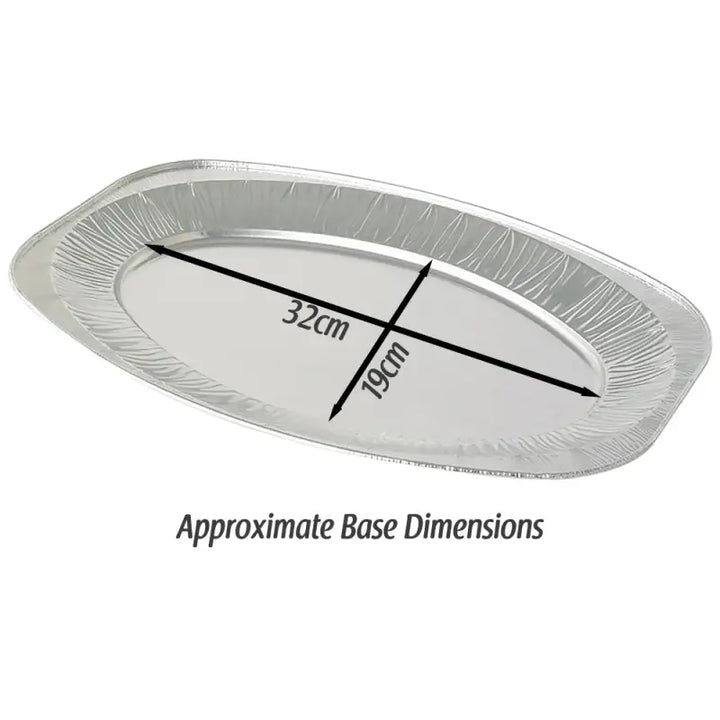 Silver oval-shaped disposable foil oval serving tray with ribbed edge 32cm by 19cm for catering use