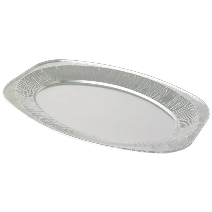 Silver disposable foil oval serving tray 42.5cm with ribbed raised rim ideal for catering use pack of 10 or 100