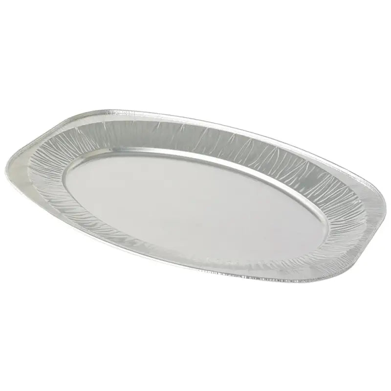 Silver disposable foil oval serving tray 42.5cm with ribbed raised rim ideal for catering use pack of 10 or 100