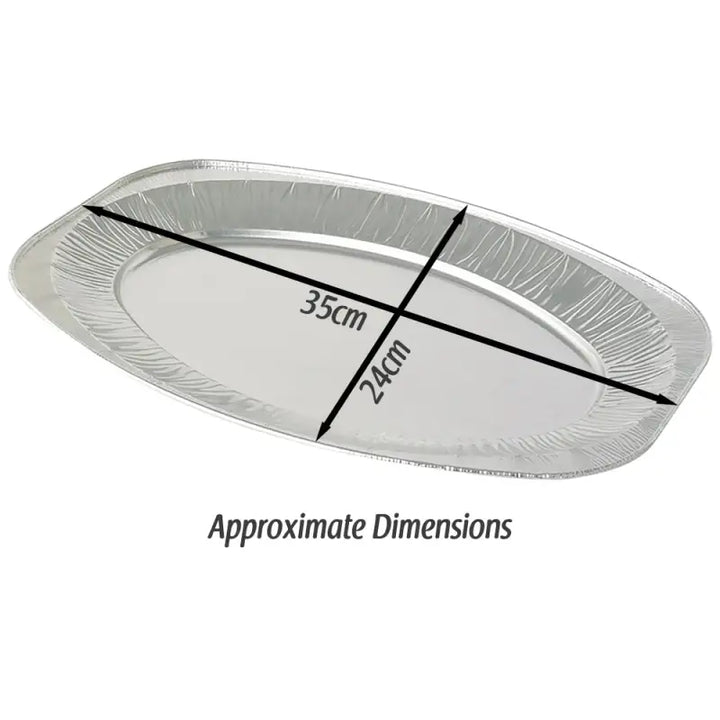 Silver disposable foil oval serving tray made of aluminum foil measuring 35cm by 24cm in pack of 10 or 100