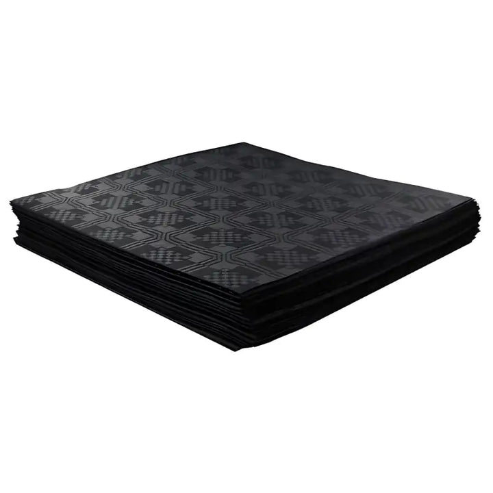 Stack of black textured disposable paper napkins with geometric pattern for table settings