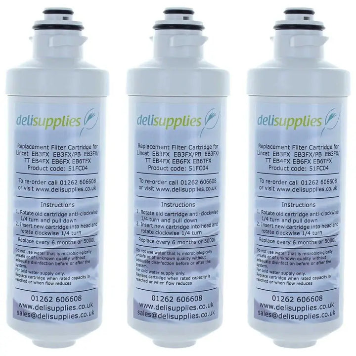 Three identical FC04 Filter Cartridges for eb3fx water filtration with blue labels