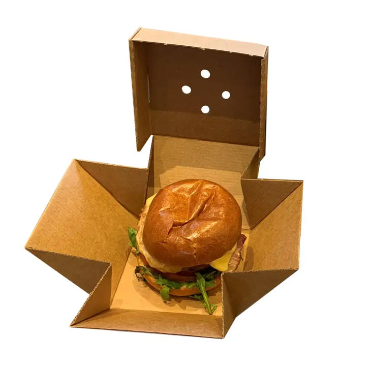 Gourmet Kraft Small Burger Box showcasing a delicious burger in an open container