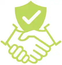 Green shield icon with a checkmark above a handshake symbol.