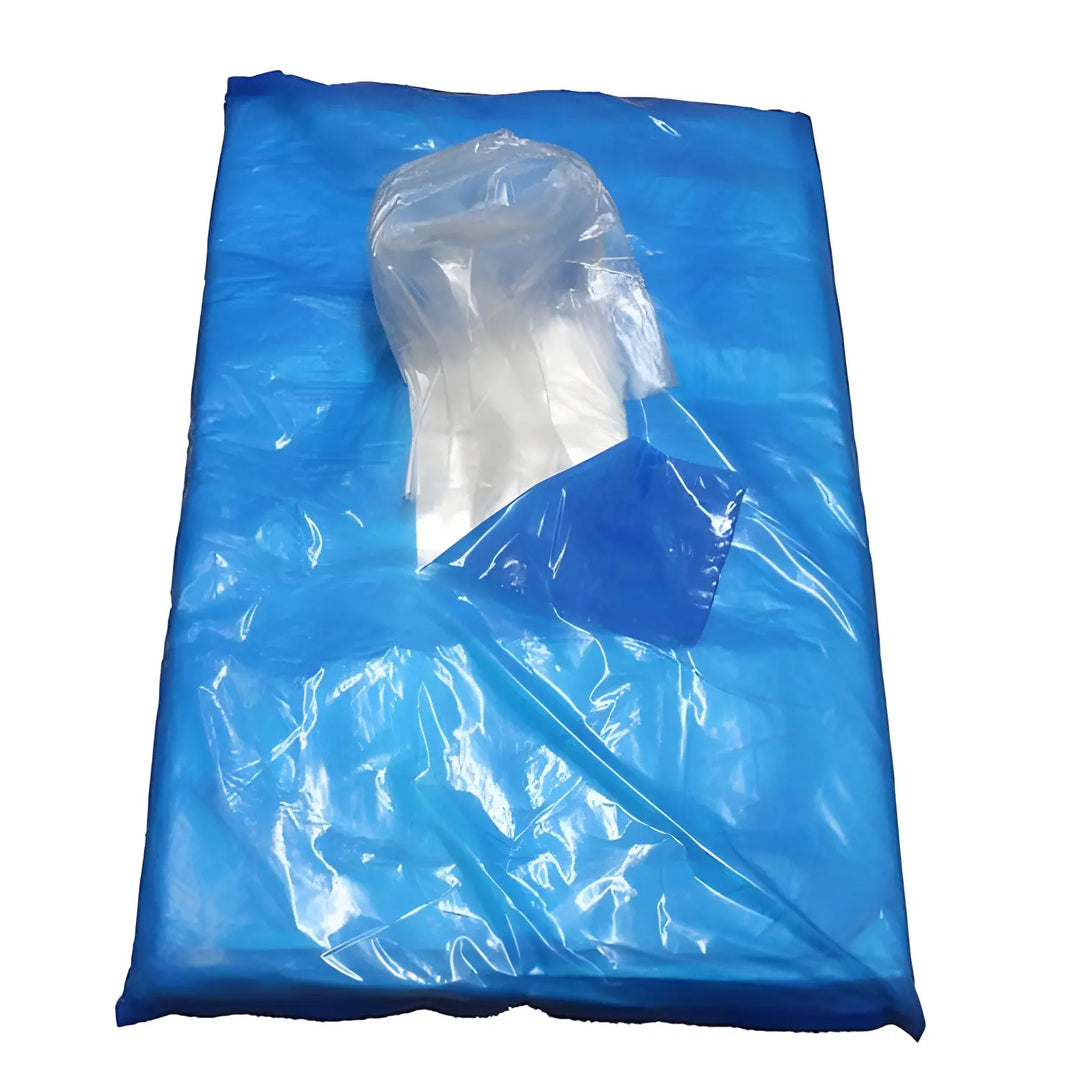 Bright blue disposable plastic poncho in HD Counter Sheets - Plastissue packaging