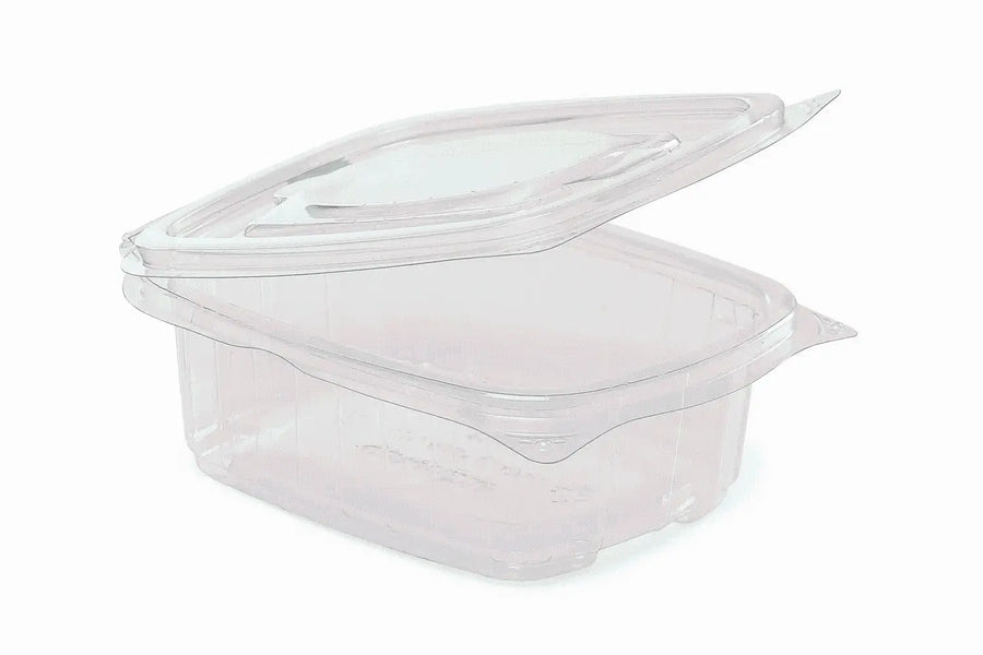 Clear plastic food storage container with hinged lid for salads in the UK