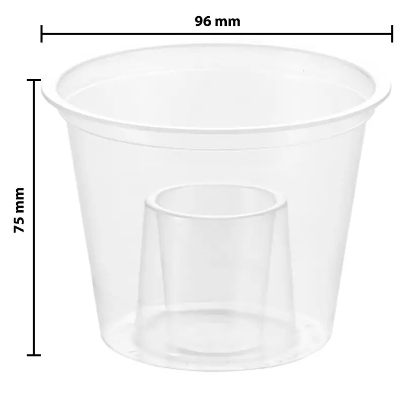 Clear plastic self-watering flower pot with removable reservoir, ideal for bomb shot displays